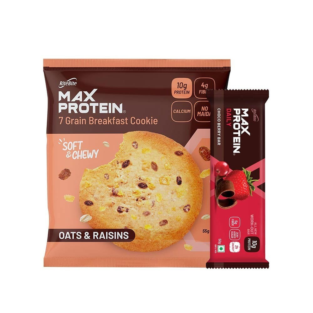 RiteBite Max Protein Daily Choco Berry Protein Bar + RiteBite Max Protein Oats & Raisins Cookies Combo : 55 g + 50 g