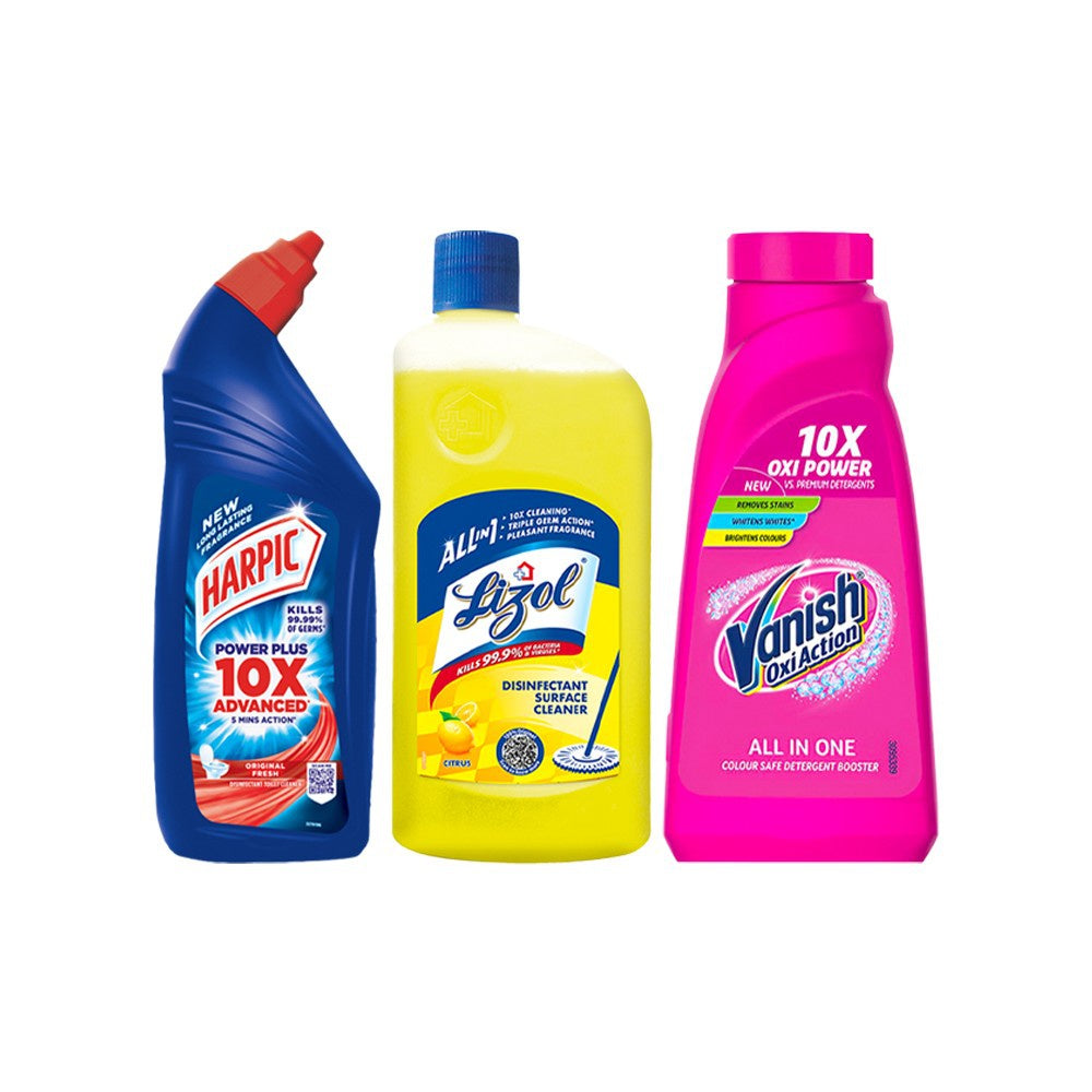 Vanish Oxi Action Fabric Stain Remover + Harpic Disinfectant Liquid Toilet Cleaner - (Original) + Lizol Disinfectant Surface & Floor Cleaner (Citrus) Combo : 400 ml + 1 ltr + 1 ltr
