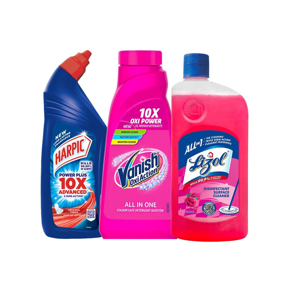 Vanish Oxi Action Fabric Stain Remover + Harpic Disinfectant Liquid Toilet Cleaner - (Original) + Lizol Disinfectant Surface & Floor Cleaner (Floral) Combo : 1 ltr + 400 ml + 1 ltr