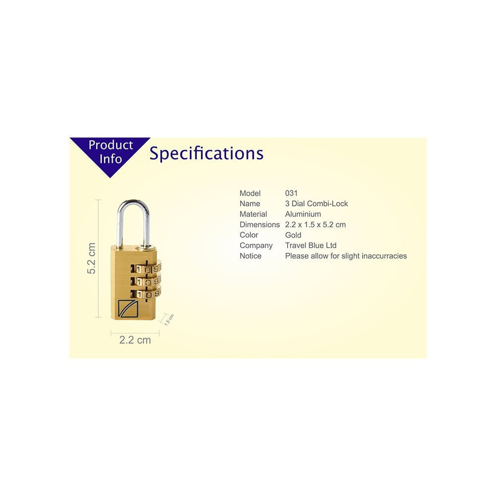 Travel Blue 3-Dial Combination Luggage Lock (Gold) : 1 unit
