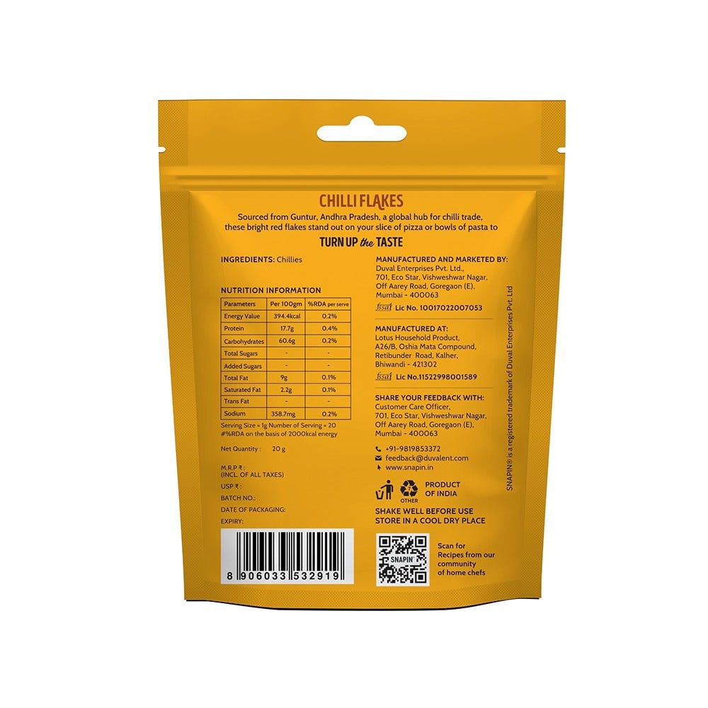Snapin Chilli Flakes : 20 g (10 x 2 g)
