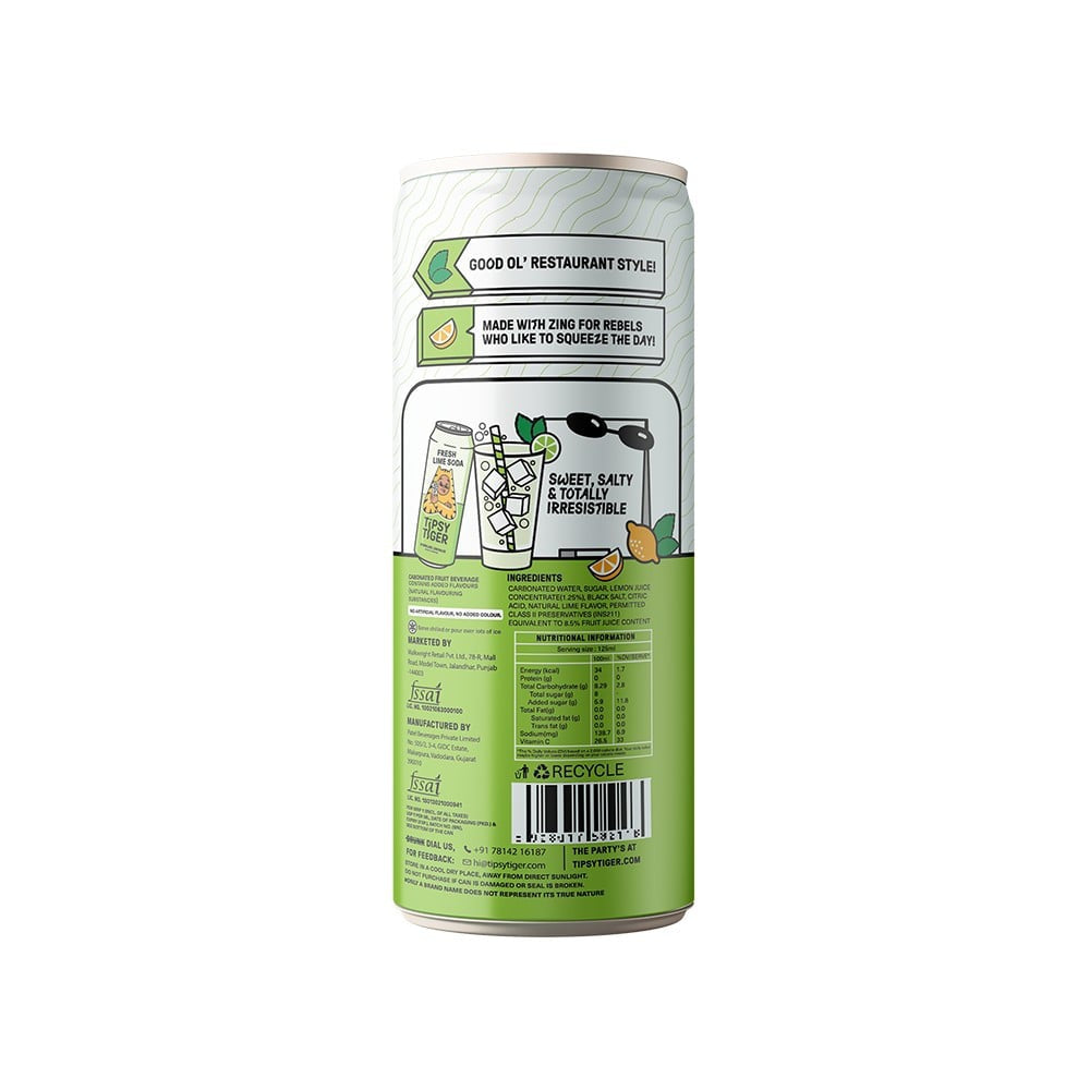Tipsy Tiger Fresh Lime Soda - Sparkling Water and Lemon Drink : 250 ml