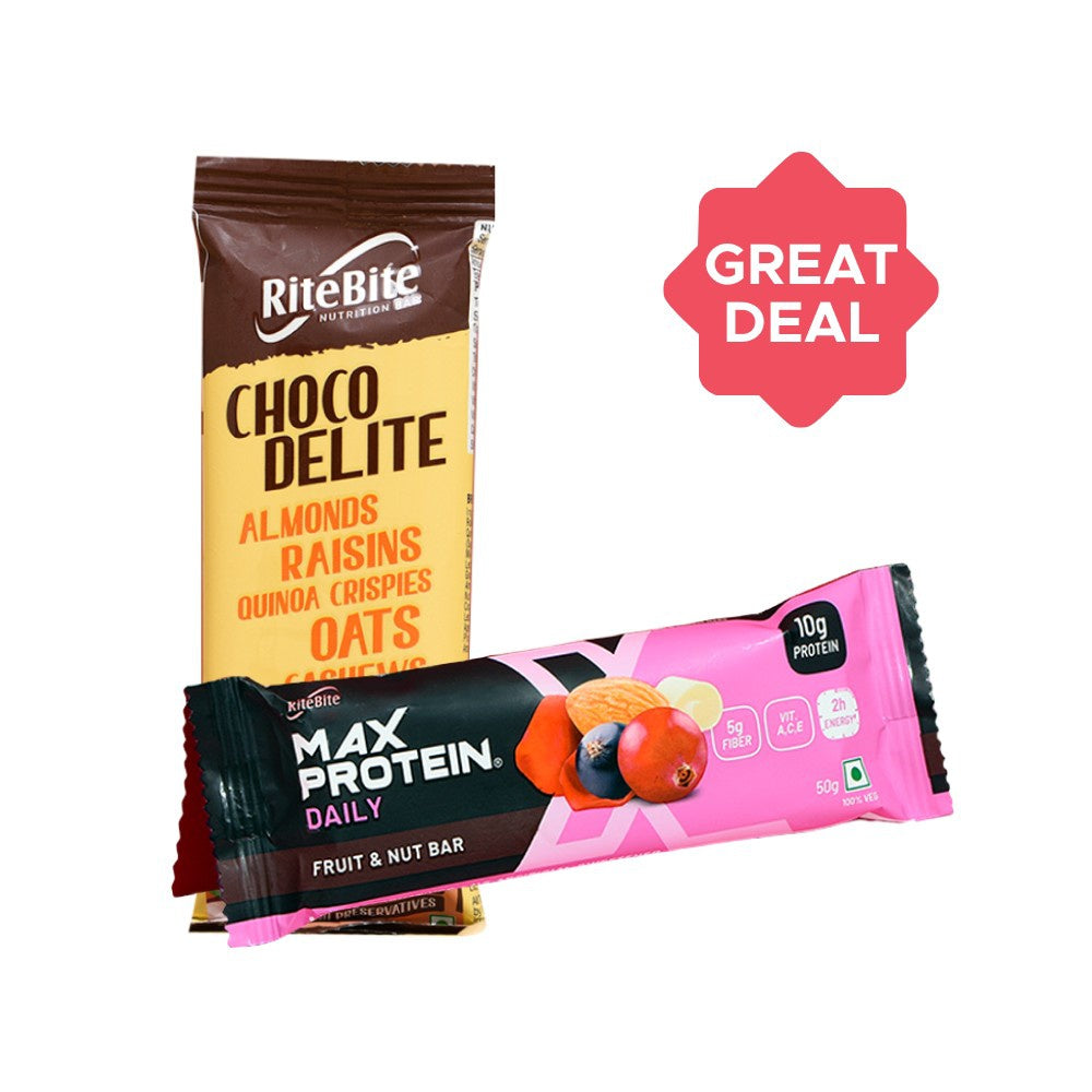 RiteBite Choco Delite Breakfast Bar + Max Protein Energy Bar (Fruit and Nut) Combo : 40 g + 50 g