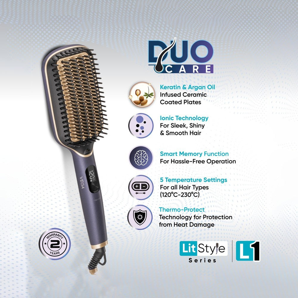 Vega LitStyle L1 Hair Brush Straightener, VHSB-06 (Blue & Gold, 65W) : 1 unit