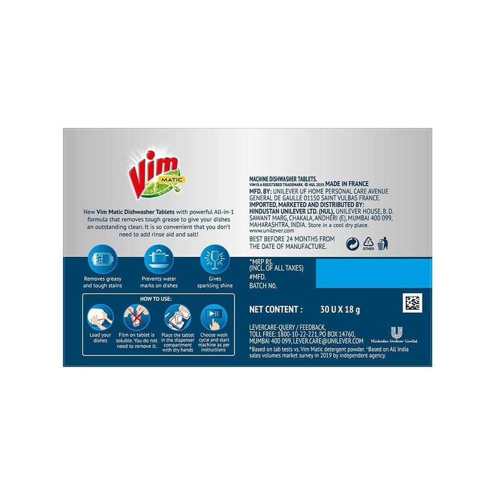 Vim All-In-One Dishwasher Tablet Removes Tough Indian Grease : 1 pack (30 pcs)