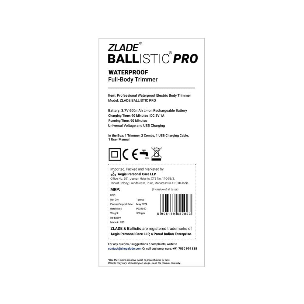 Zlade Ballistic Pro Waterproof Male Body Trimmer with Ceramic Blades (Black, 5W) : 1 unit