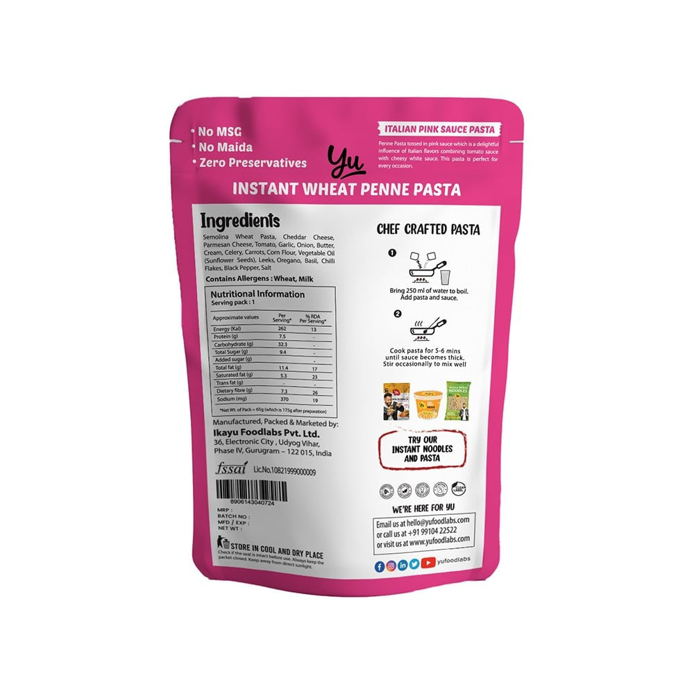 Yu Pink Sauce Instant Wheat Pasta (Penne) - Buy 1 Get 1 Free : 1 x 65 g + 1 x 65 g