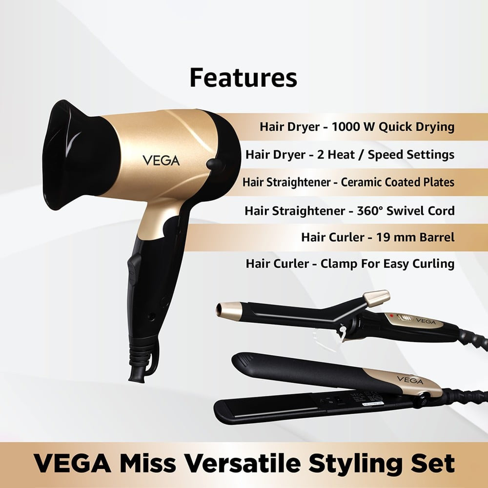 Vega Miss Versatile Hair Styling Kit, VHSS-03 (Black, 1000W) : 3 pieces