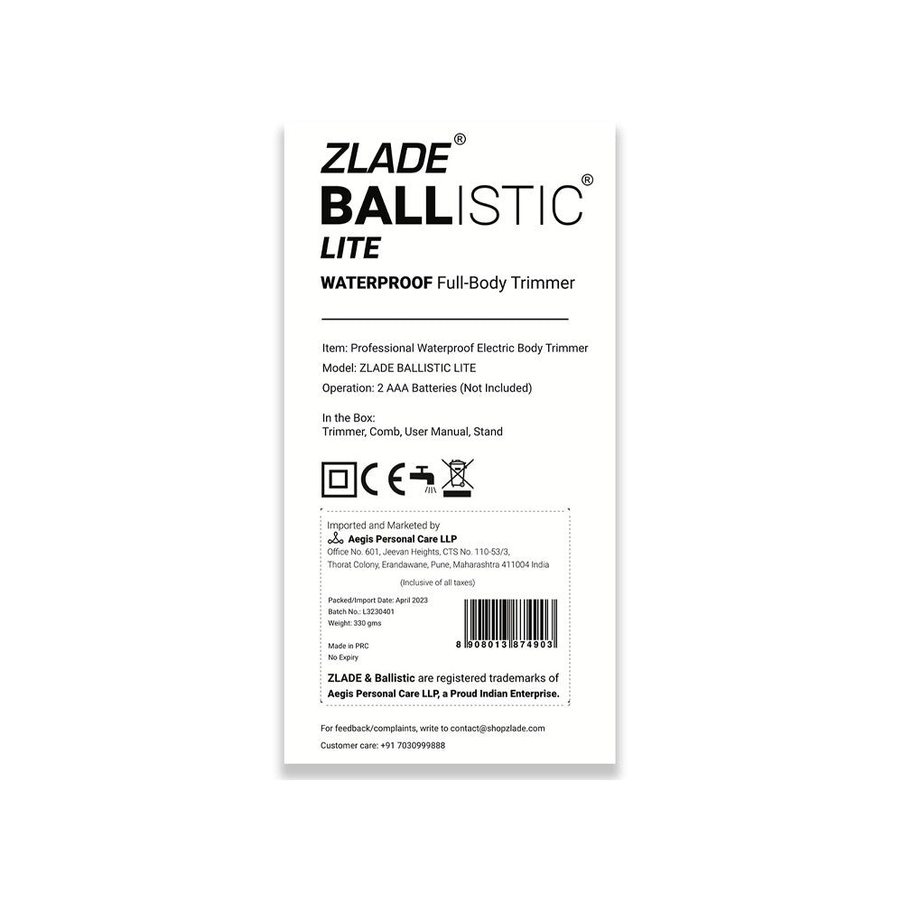Zlade Ballistic Lite Waterproof Male Body Trimmer (Black) : 1 unit