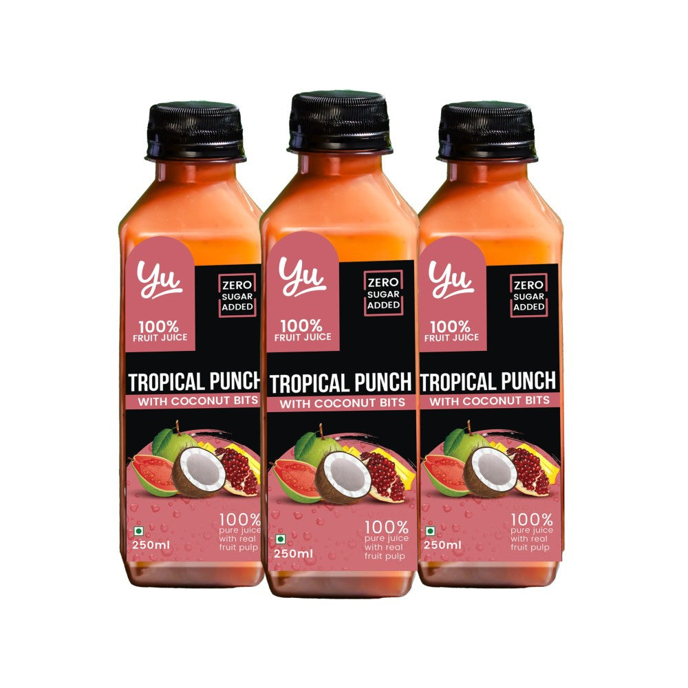Yu Tropical Punch 100% Mixed Fruit Juice With Coconut Bits - Pack of 3 : 750 ml (3 x 250 ml)