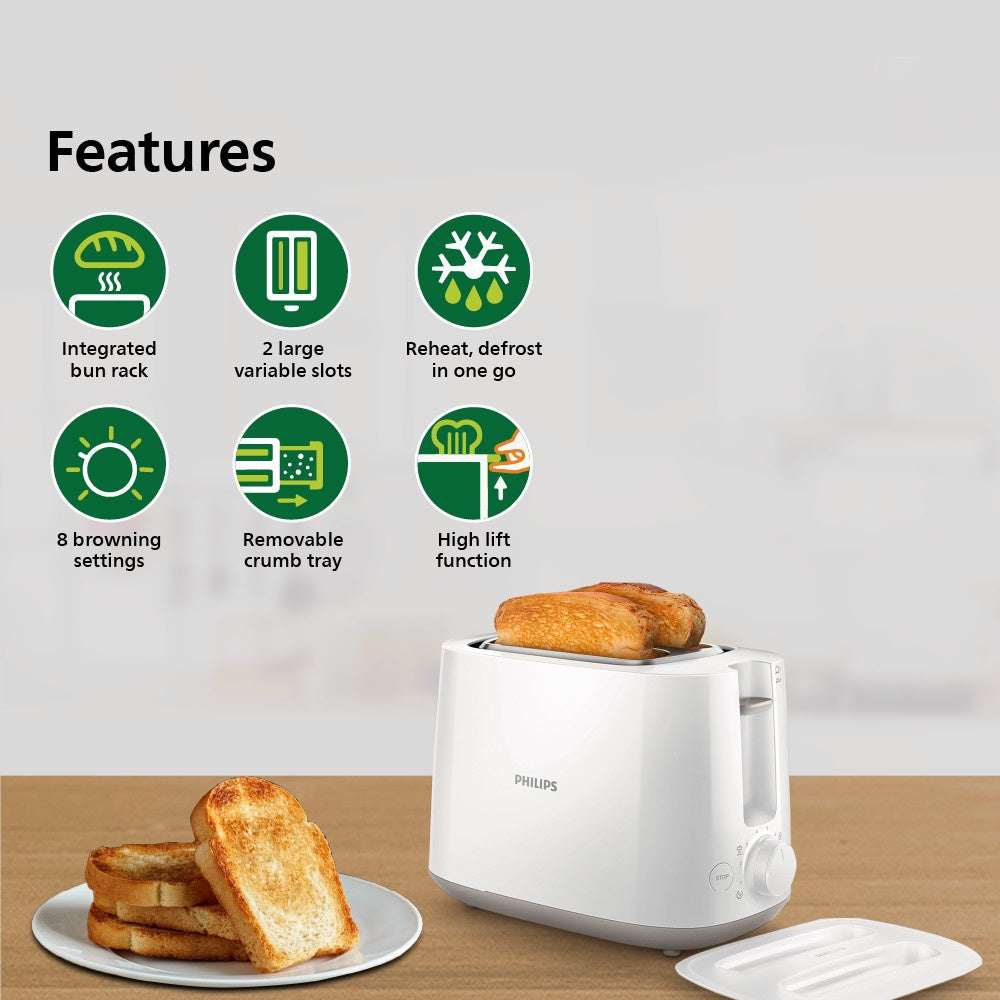 Philips Domestic 2-Slice Pop Up Toaster (830W, White) : 1 unit