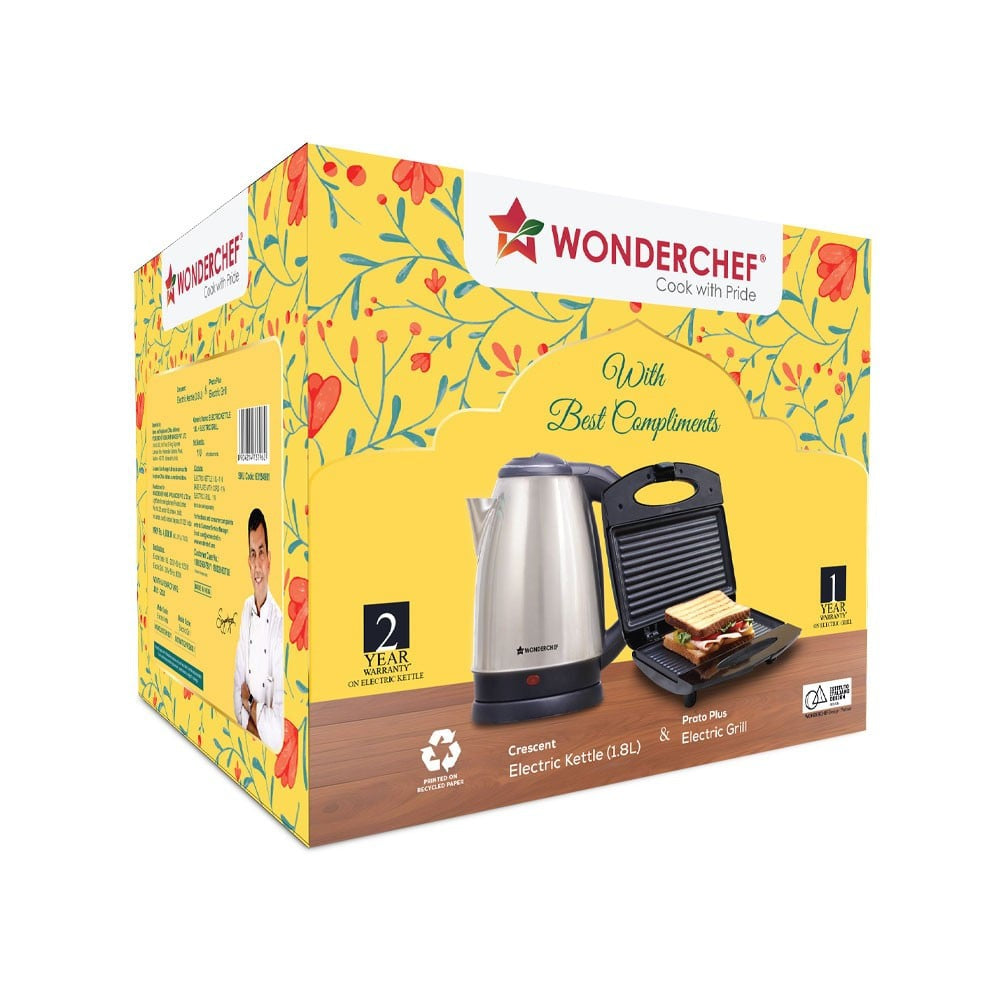 Wonderchef Prato Plus Toaster Griller & Crescent Electric Kettle (Kettle: 1350 W Griller: 800 W) : 1 pack (2 pieces)