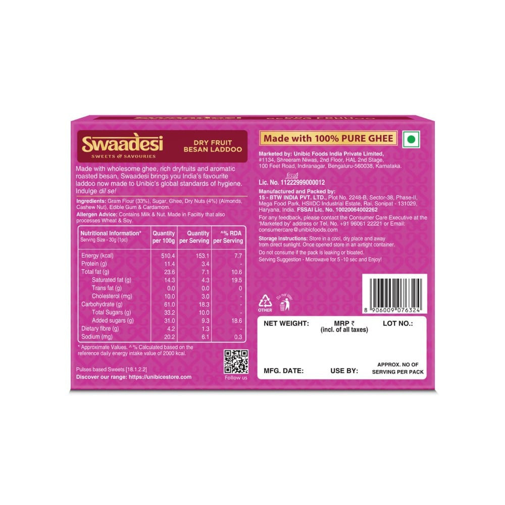 Desi Ghee Dryfruit Besan Laddu by Unibic Swaadesi : 240 g