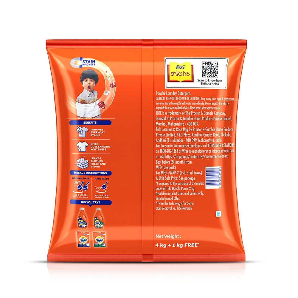 Tide Double Power Detergent Powder (Jasmine & Rose) - Get 1 kg Free : 5 kg