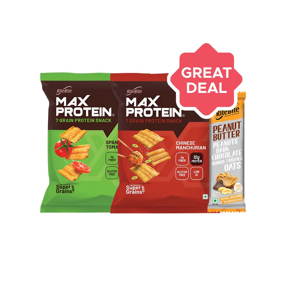 RiteBite Max Protein Spanish Tomato Chips + Peanut Butter Dark Chocolate Quinoa Crispies Oats Nutrition Bar + Max Protein Chinese Manchurian Chips Combo : 60 g + 40 g + 60 g