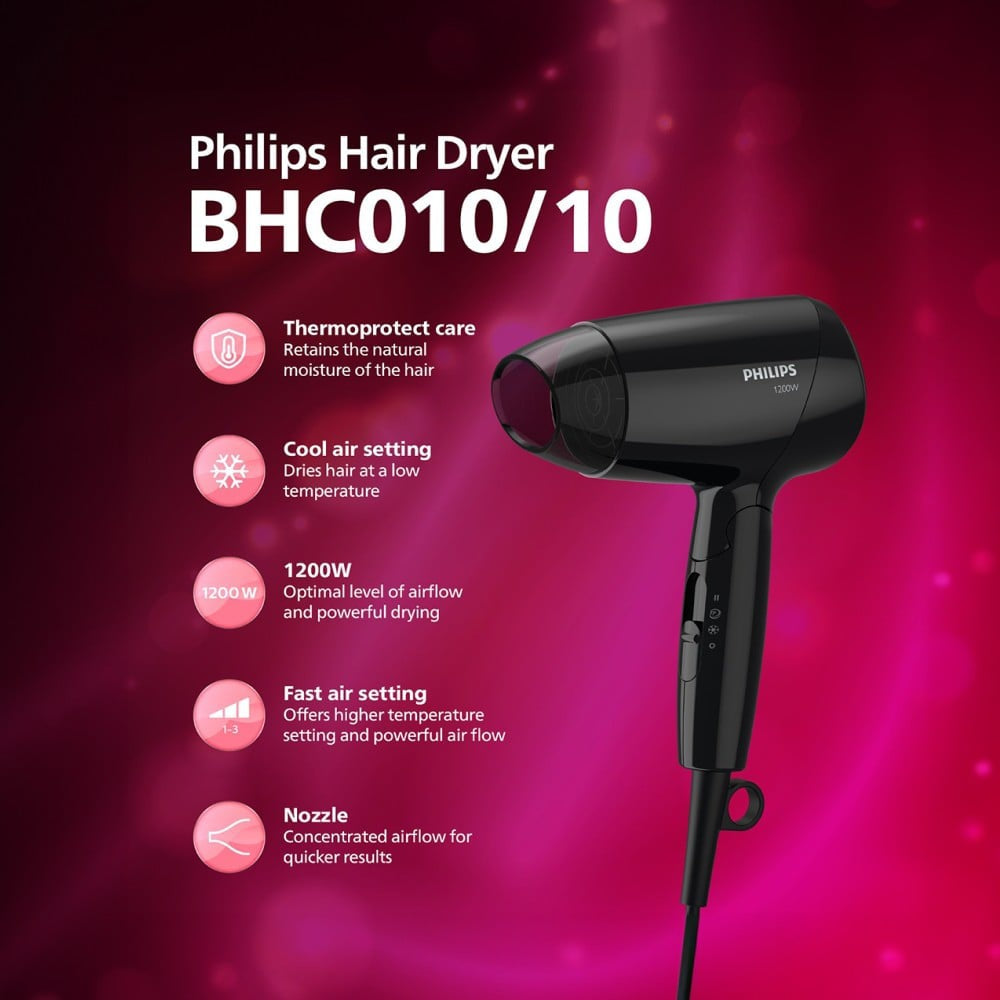 Philips BHC010/00 Hair Dryer (Black, 1200W) : 1 unit
