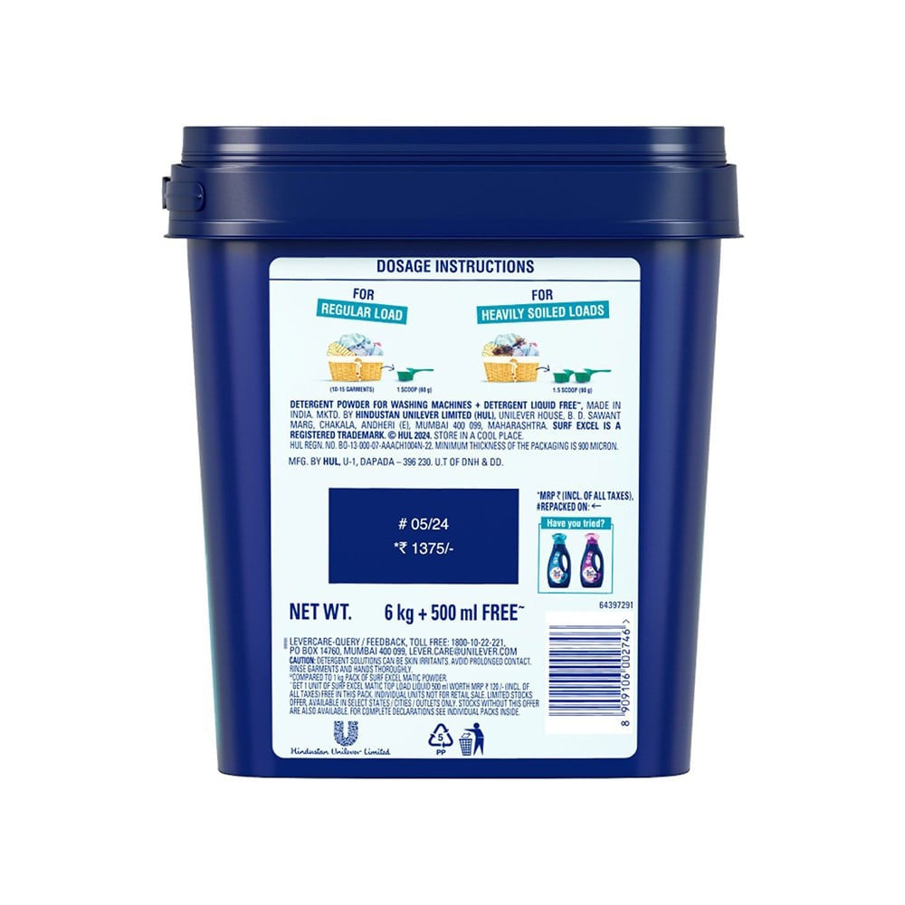 Surf Excel Top Load Top Load Detergent Powder - 500 ml Pack Liquid Free Inside : 6 kg + 500 ml
