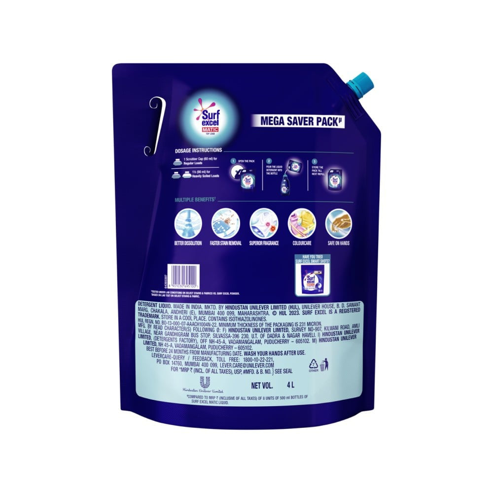 Surf Excel Matic Top Load Liquid Detergent : 4 ltr