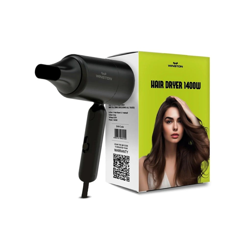 Winston Ionic Foldable Hair Dryer for Men & Women (Black, 1400 W) : 1 unit