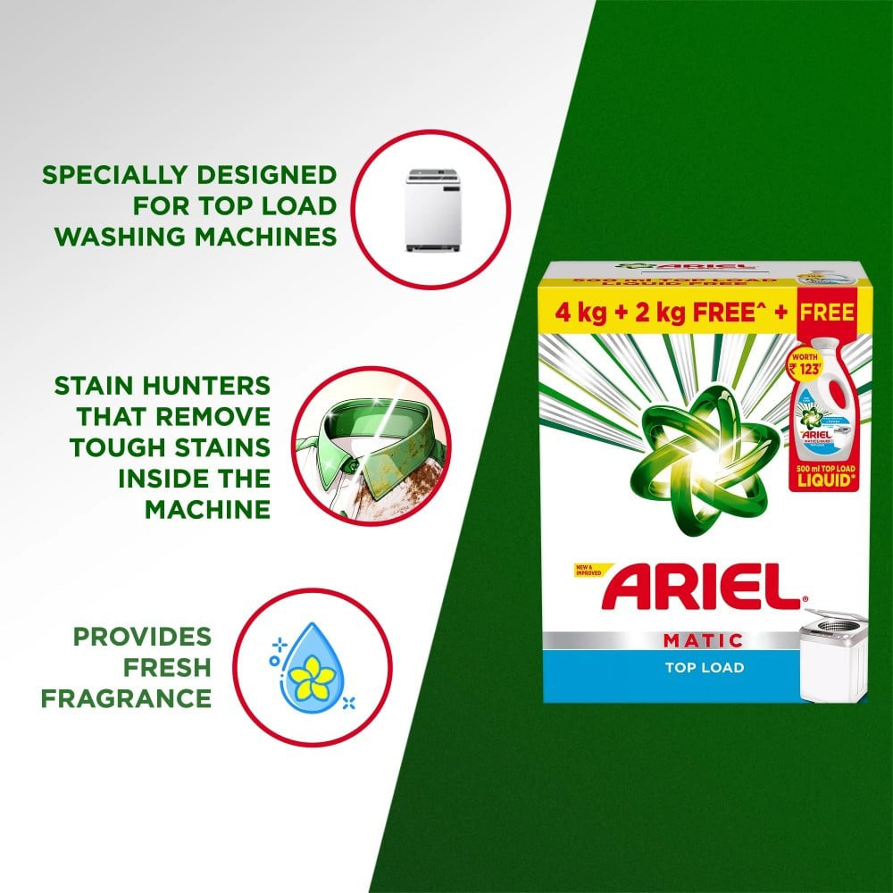Ariel Matic Front Load Detergent Powder - Free 500 ml Liquid Detergent Inside : 6 kg + 500 ml
