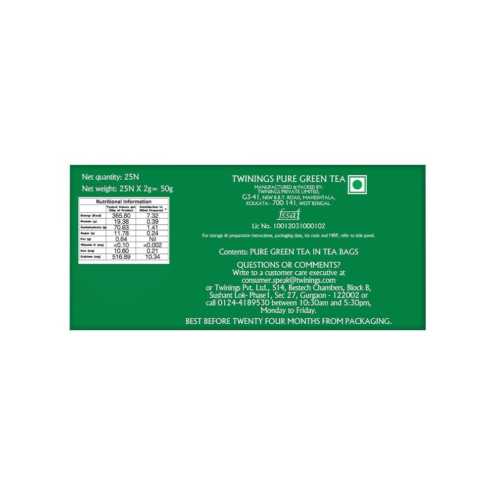 Twinings Pure Green Tea Bags : 1 pack (25 pieces)