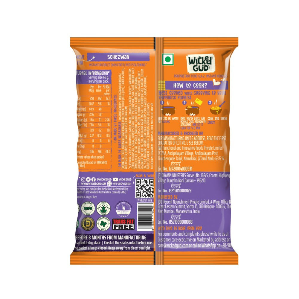 WickedGud Schezwan Nourishing No Maida & No Oil Instant Noodles - Pack of 2 : 2 x 69 g