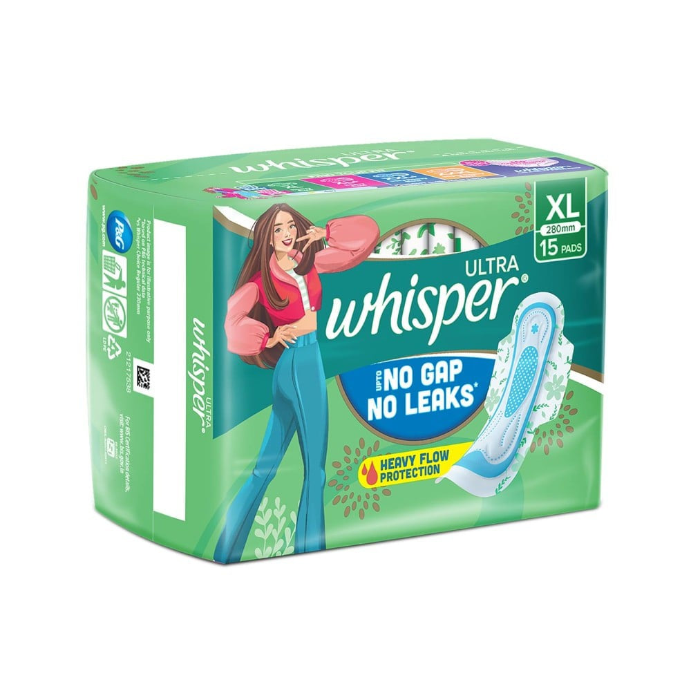 Whisper Ultra Upto No Gap No Leaks Sanitary Pads (XL) + Daily Liners Clean & Fresh Panty Liners Combo : 15 pieces + 20 pieces