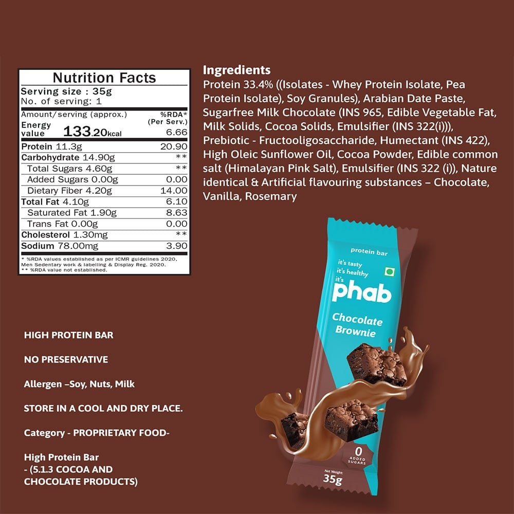Phab 11g Protein Bar - Chocolate Brownie (High Fibre & No Added Sugar) : 3 x 35 g