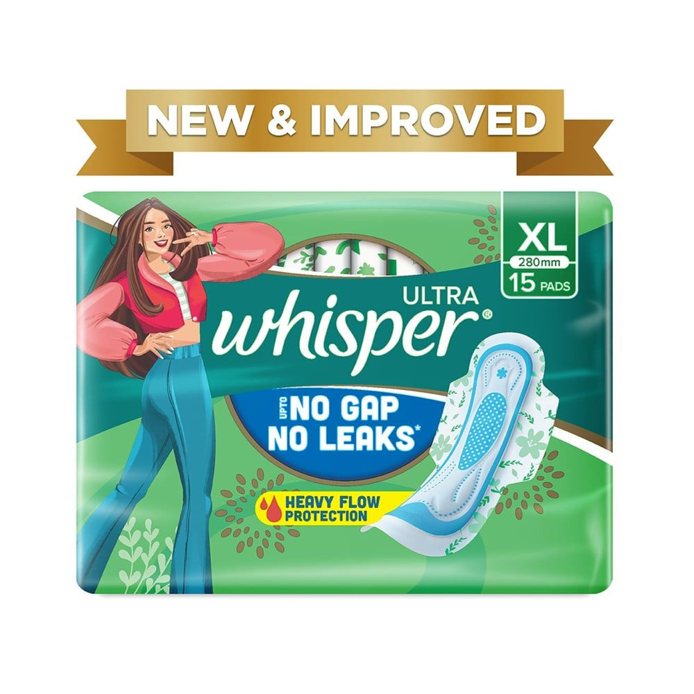 Whisper Ultra Upto No Gap No Leaks Sanitary Pads (XL) + Daily Liners Clean & Fresh Panty Liners Combo : 15 pieces + 20 pieces