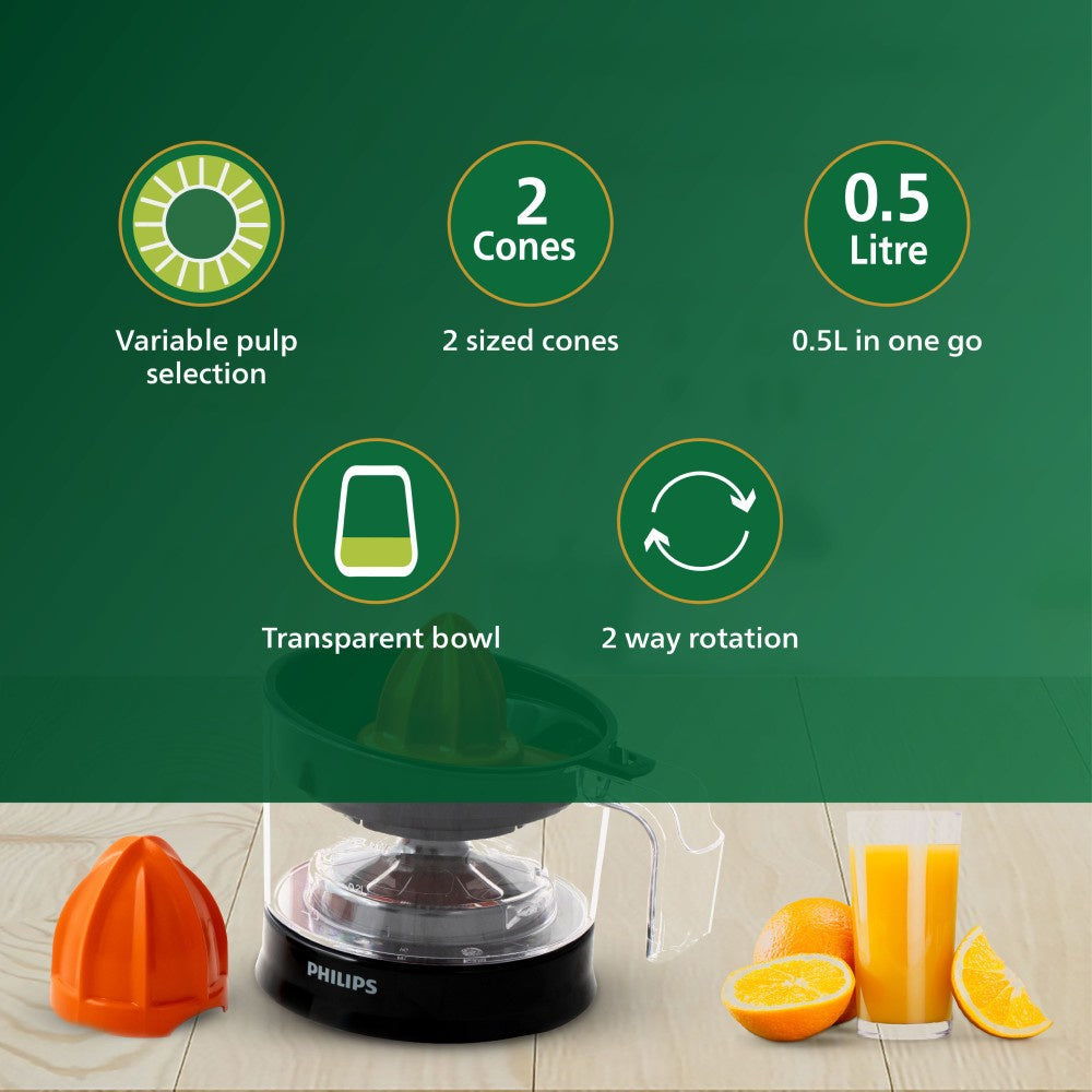 Philips Press 25W Juicer (0.5 Litre, 2 Sized Cones) (Black) : 1 unit