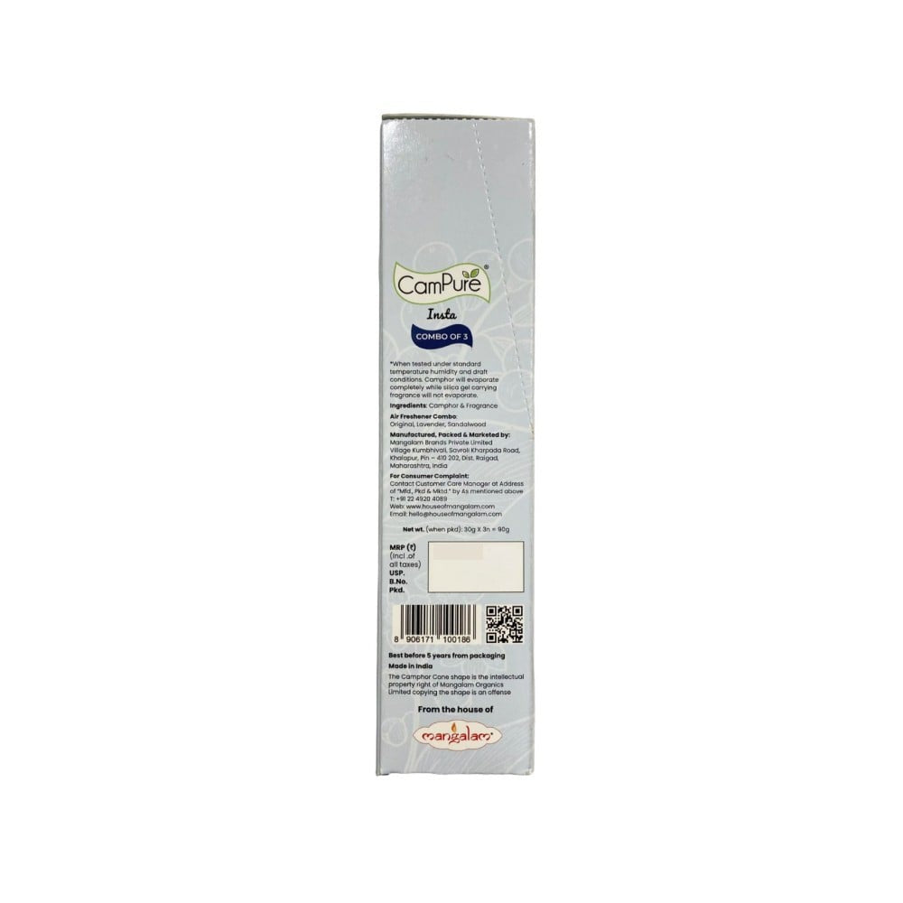 CamPure 100% Organic Camphor Car Freshener Cone - Original, Sandalwood and Lavender : 1 pack (3 x 30 g)