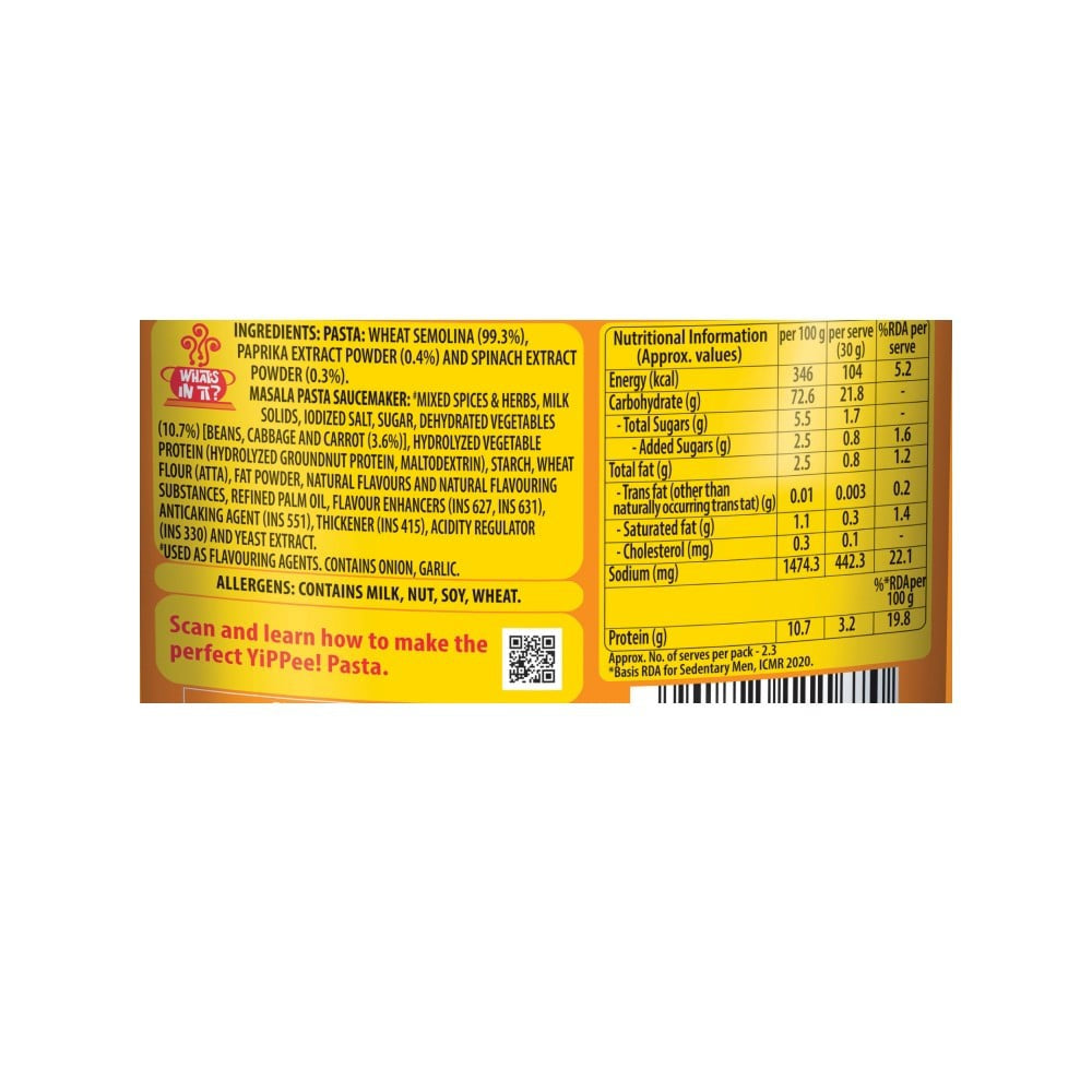 Yippee Tricolor Instant Pasta - Masala : 65 g