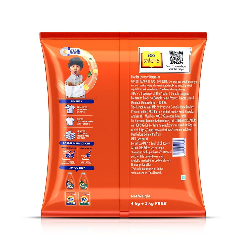 Tide Double Power Detergent Powder (Lemon & Mint) : 5 kg (4 kg + 1 kg)