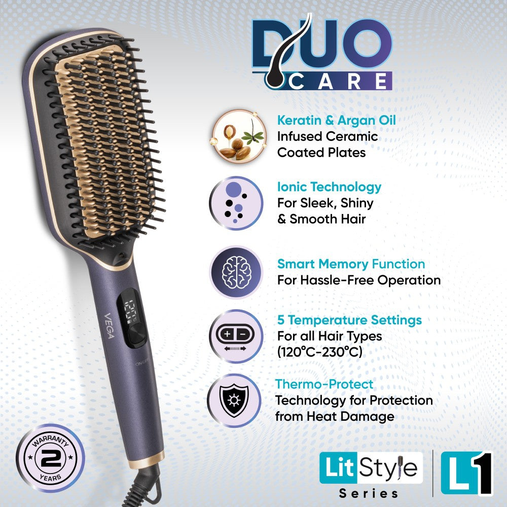 Vega LitStyle L1 Hair Brush Straightener, VHSB-06 (Blue & Gold, 65W) : 1 unit