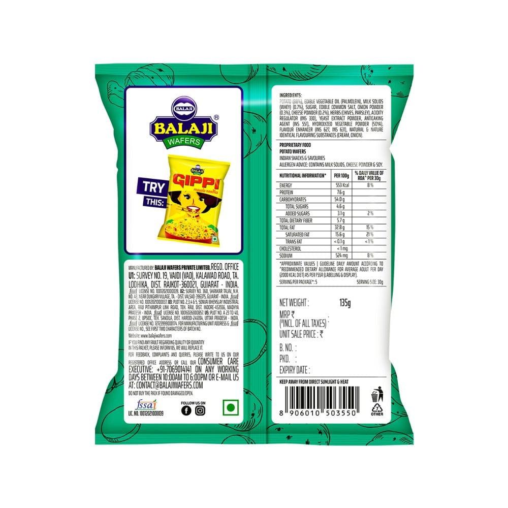 Balaji Crunchem Cream & Onion Wafers : 135 g