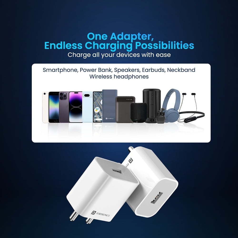 Portronics Charging Adapter (with USB Port, White) : 1 unit