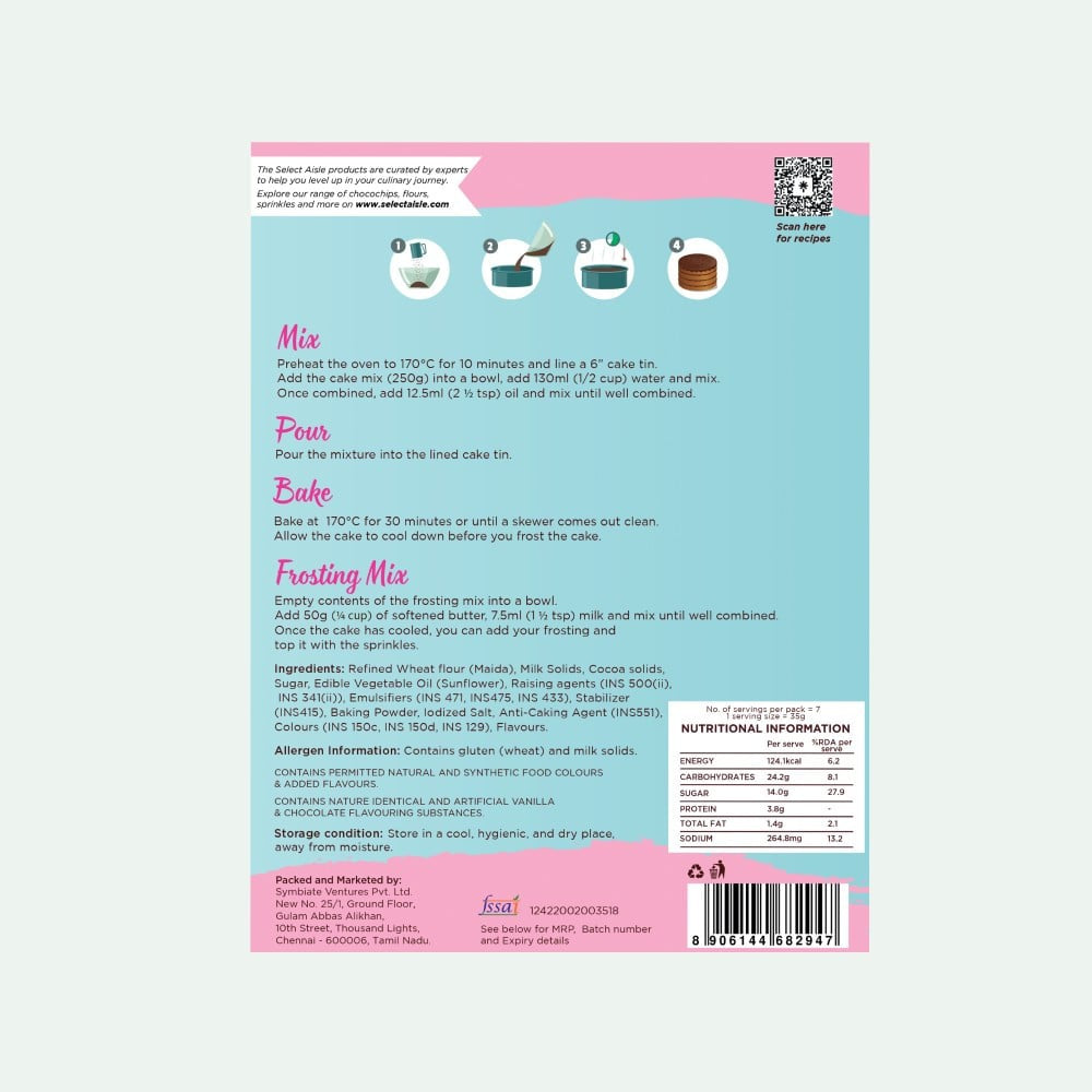 The Select Aisle Eggless Chocolate Cake Mix - Frosting & Sprinkles Included : 365 g