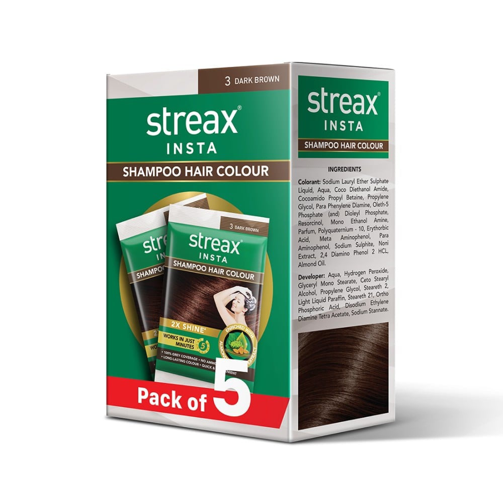 Streax Insta Shampoo Hair Colour (3 Dark Brown) : 1 pack (5 pieces)