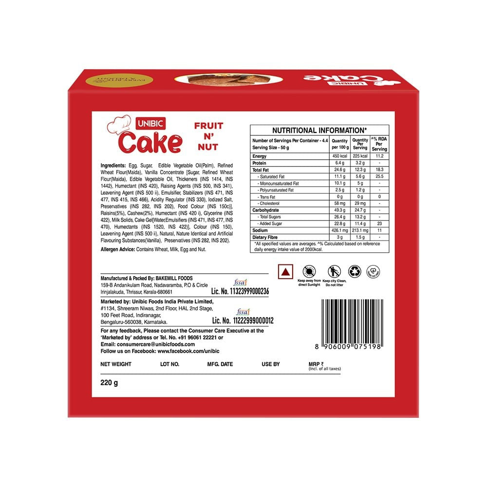 Unibic Fruit N' Nut Pound Cake : 220 g