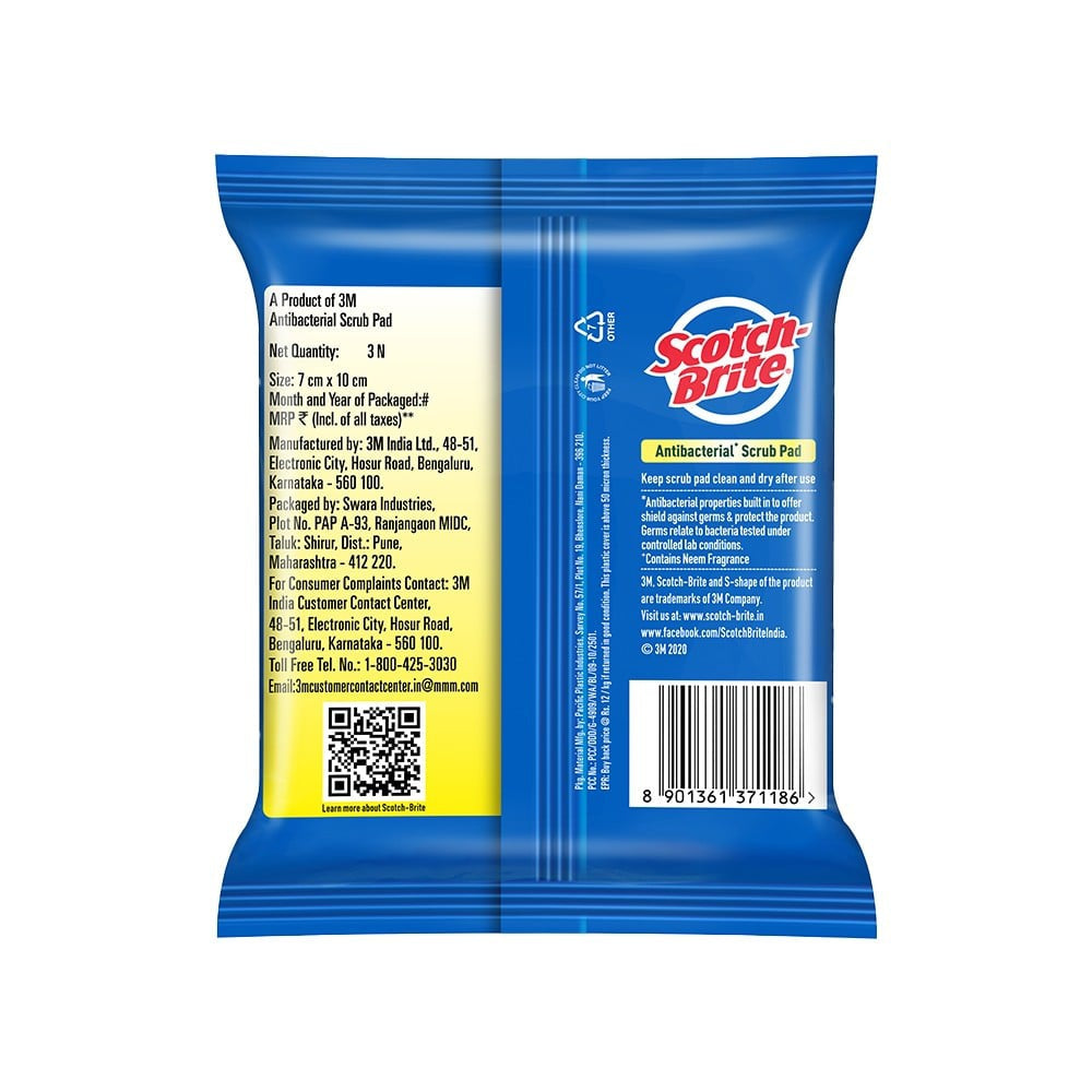 Scotch Brite 3 Pcs Antibacterial Scrub Pad (2.75 x 4 inch) : 1 unit