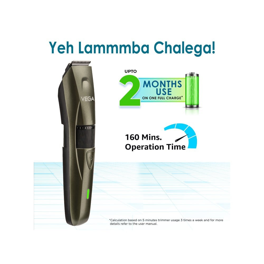 Vega P1 Battery Powered Beard Trimmer (160 mins Runtime, VHTH-25) (Green) : 1 unit