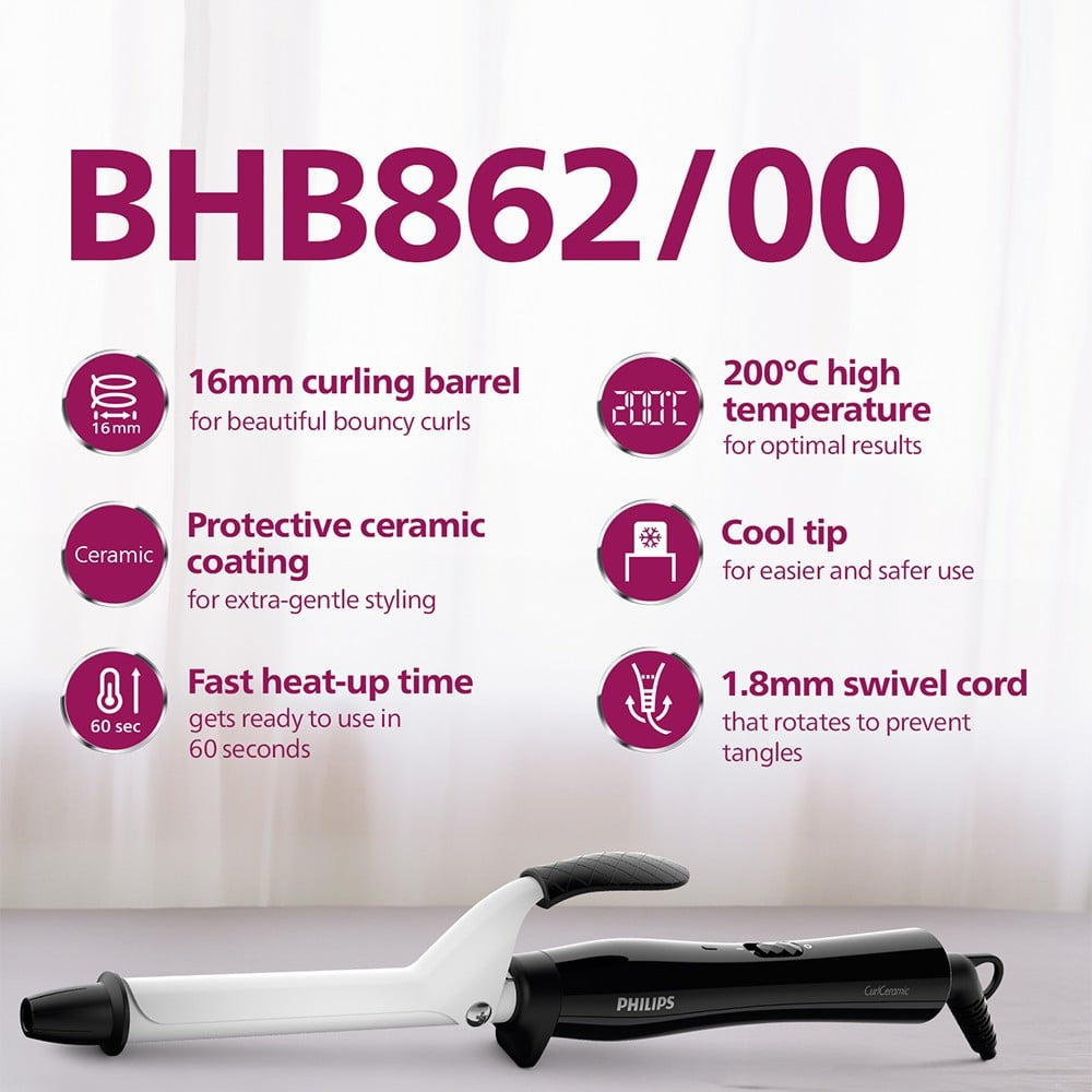 Philips BHB862/00 Hair Curler with 16mm Barrel (Black, 30W) : 1 unit