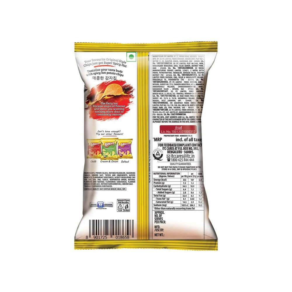 Bingo Original Hot & Spicy Korean Style Potato Chips : 85 g