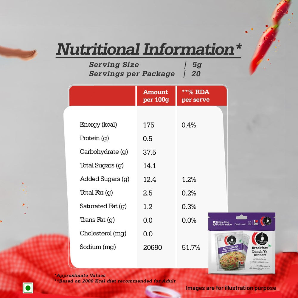 Ching's Secret Schezwan Fried Rice Masala Instant Mix - 5 Single Use Pouches + Paneer Chilli Masala Instant Mix - 5 Single Use Pouches Combo : 5 x 20 g + 5 x 20 g