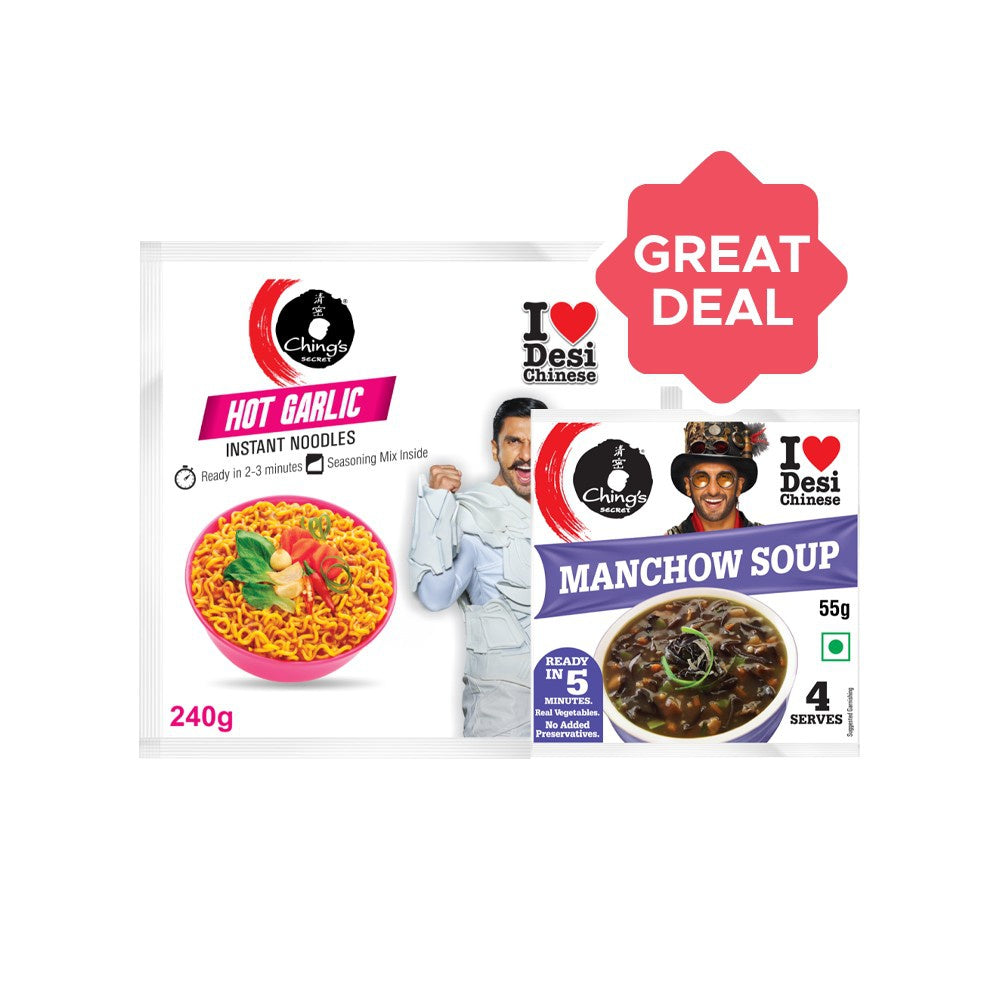 Ching's Secret Hot Garlic Flavoured Instant Noodles + Manchow Soup Combo : 240 g + 55 g