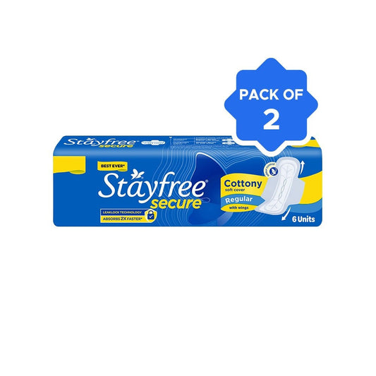 Stayfree Secure Cottony Soft Sanitary Pads (Regular Wings) - Pack of 2 : 2 x 1 pack (6 pieces)