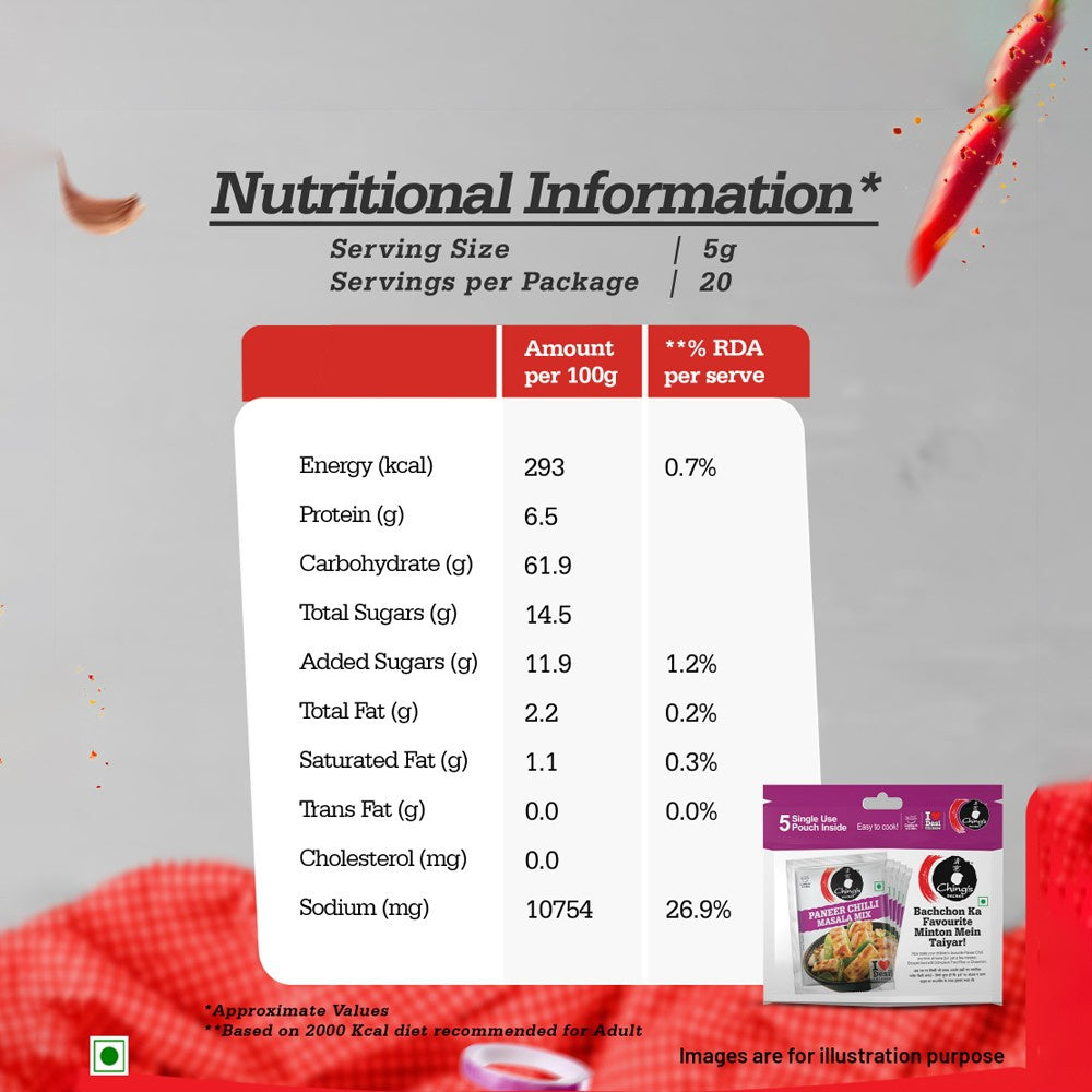 Ching's Secret Schezwan Fried Rice Masala Instant Mix - 5 Single Use Pouches + Paneer Chilli Masala Instant Mix - 5 Single Use Pouches Combo : 5 x 20 g + 5 x 20 g