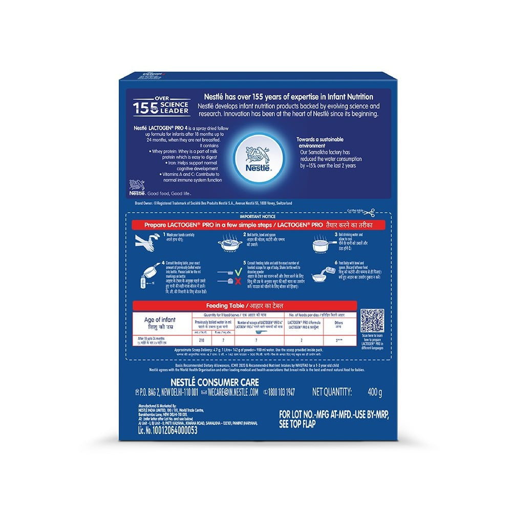 Nestle Lactogen Pro 4 Follow up Formula (After 18 Months Up to 24 Months) : 400 g