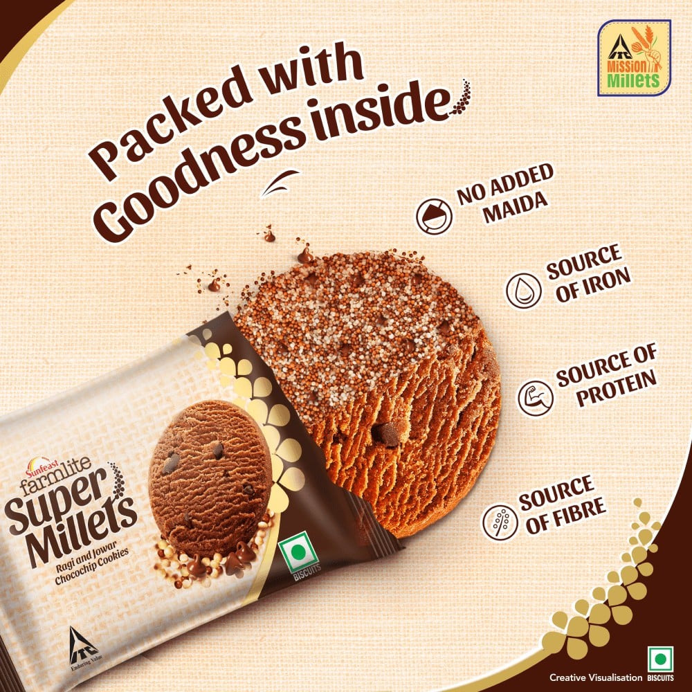 Sunfeast Farmlite Super Millets Ragi and Jowar Chocochip Cookies : 75 g