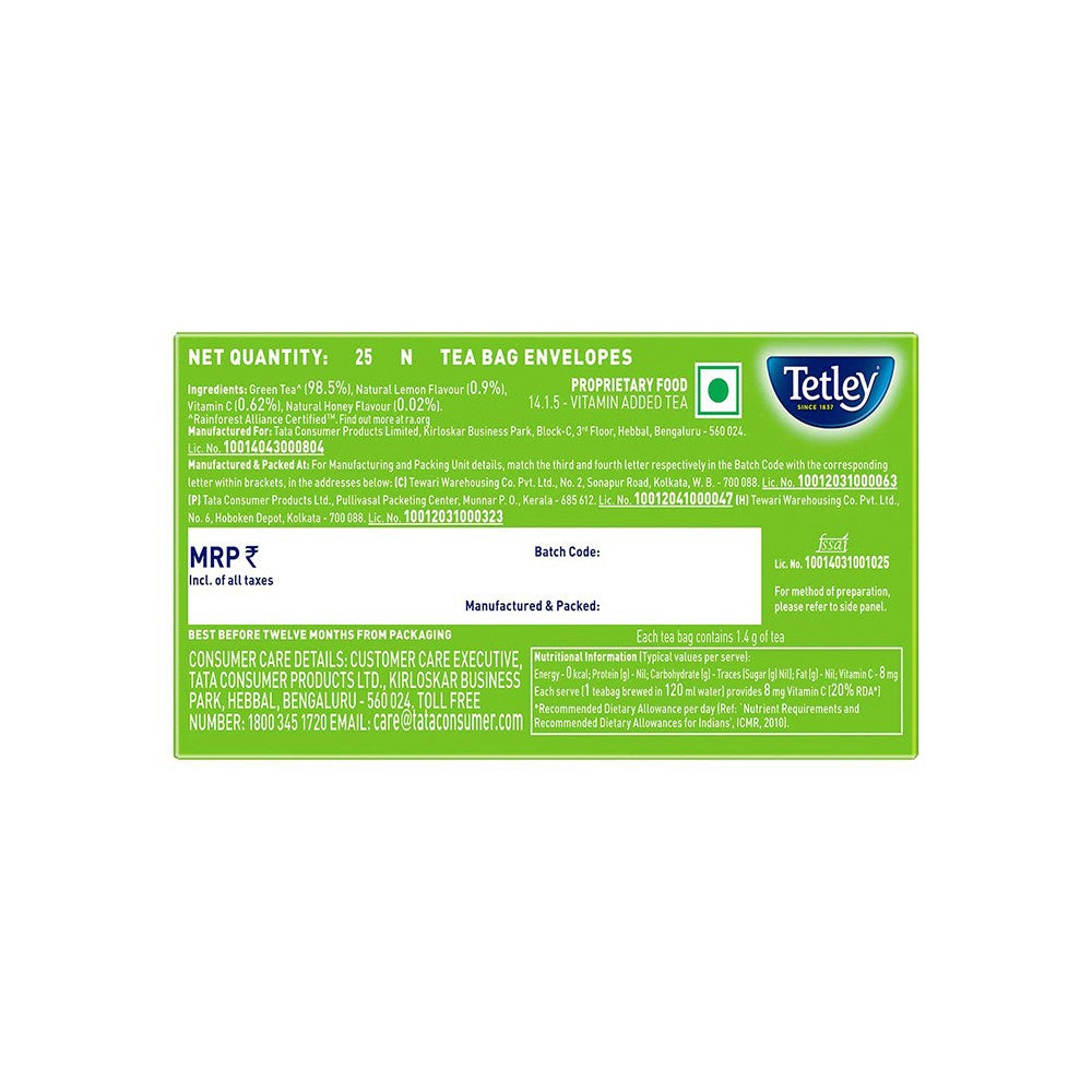 Tetley Lemon & Honey Green Tea Bags - Pack of 2 : 2 x 25 pieces